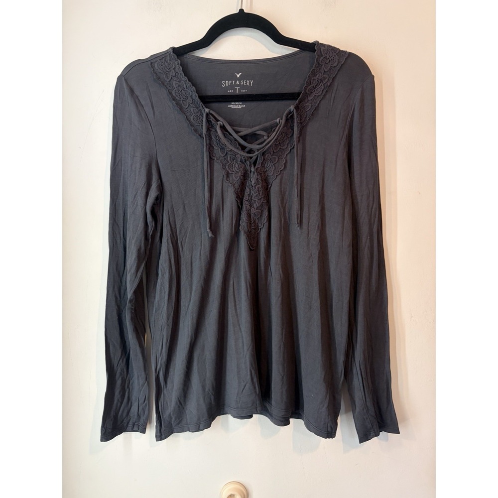 American Eagle Soft & Sexy Lace-Up Top Womens Medium Dark Gray Boho‎